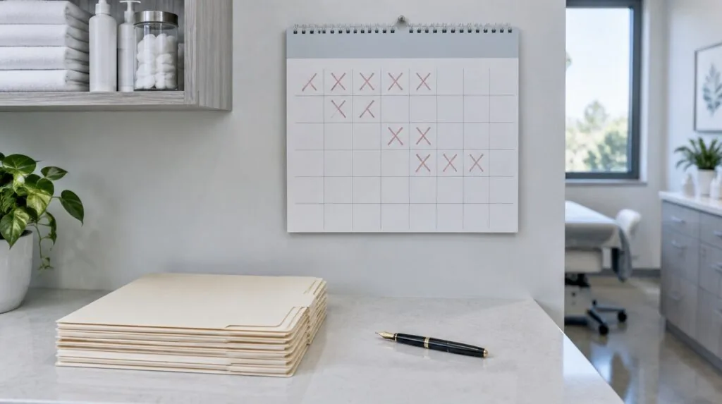 A wall calendar with fourteen days crossed off above a stack of chart folders