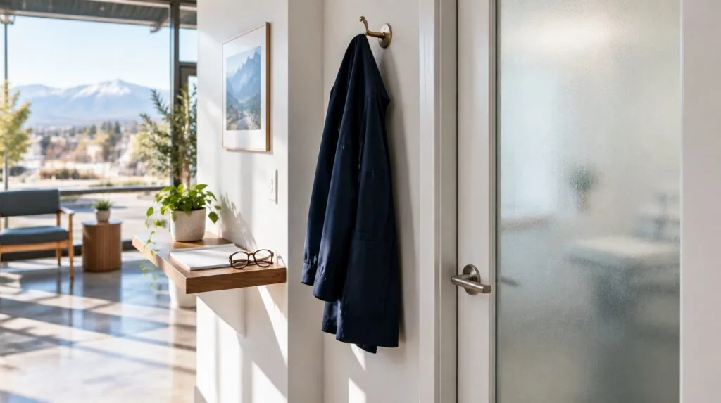 A clinician jacket on a hook beside a frosted-glass treatment room door