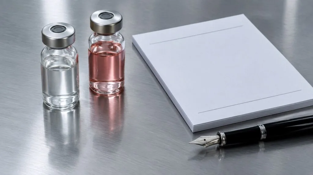 Two unlabeled glass vials beside a blank prescription pad on brushed steel