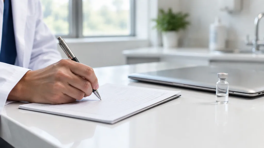 Physician writing an assessment on a paper chart beside a laptop and a medication vial