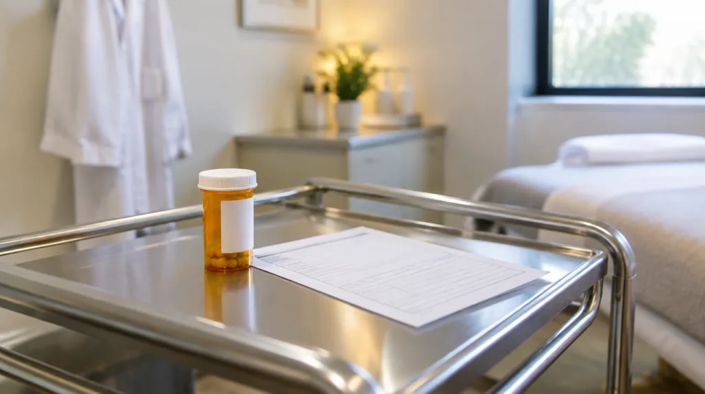 A single amber prescription vial and a signed paper order resting on a stainless treatment cart in an empty