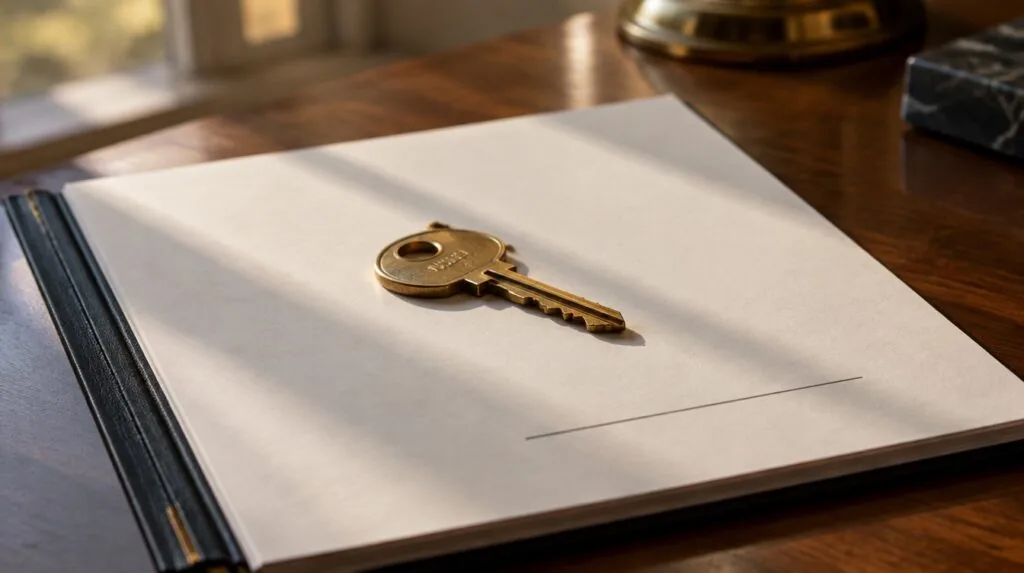 A brass key lying across the signature page of a bound contract