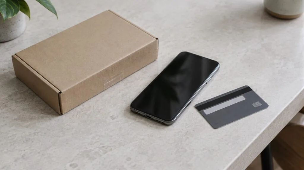A phone with a dark screen beside a sealed mailer box and a face-down bank card