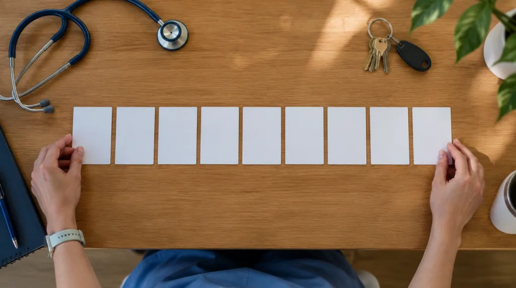 Overhead view of a clean desk with a nurse's hands arranging nine blank index cards in a single numbered row beside a st