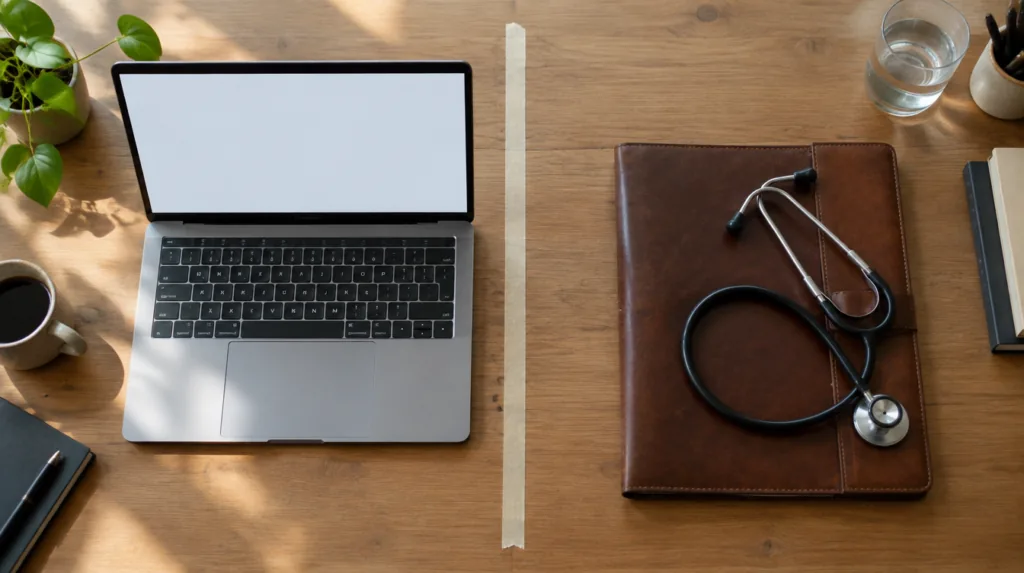 A founder's desk seen from above: a laptop showing a blank checkout screen on one side and a closed physician's leather