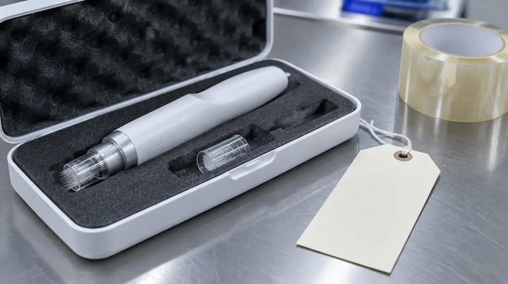 Unbranded handheld microneedling device in an open case beside a customs tag, representing an imported aesthetic device