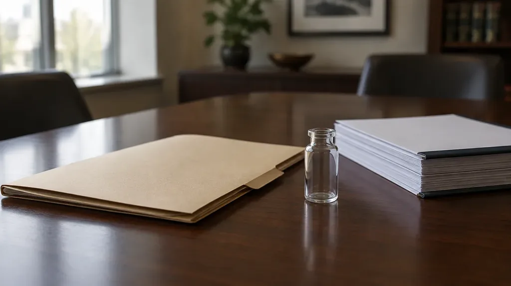 A closed manila case file and a stack of bound legal papers on a dark wood conference table beside an empty, unlabeled glass vial, soft window light