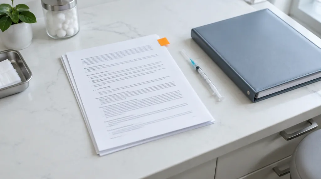 Overhead view of a multi-page services contract on a white treatment-room counter