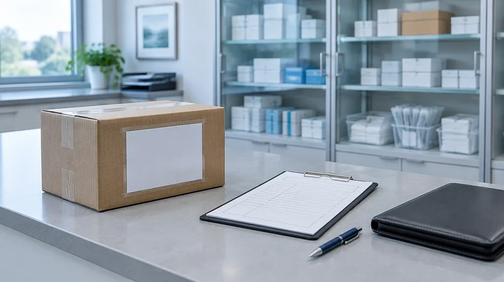 Clinic receiving counter with a sealed supplier shipment, account paperwork on a clipboard and a stocked supply cabinet