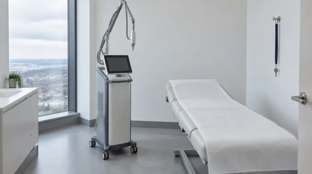 A floor-standing cosmetic laser console in an empty treatment room