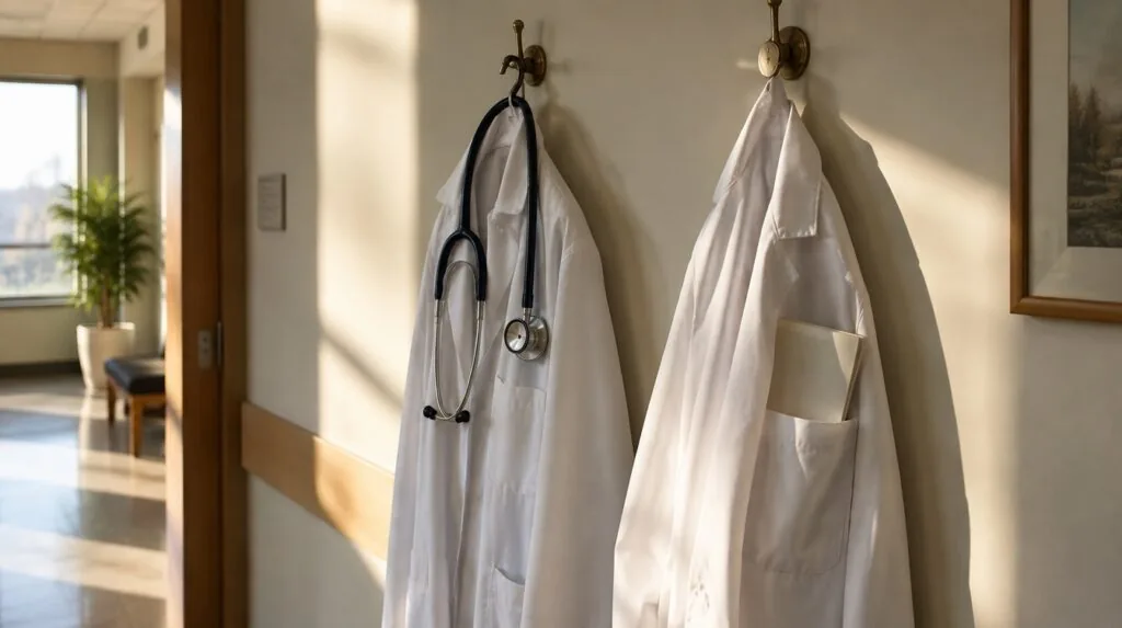 Two white coats on brass hooks in a clinic corridor