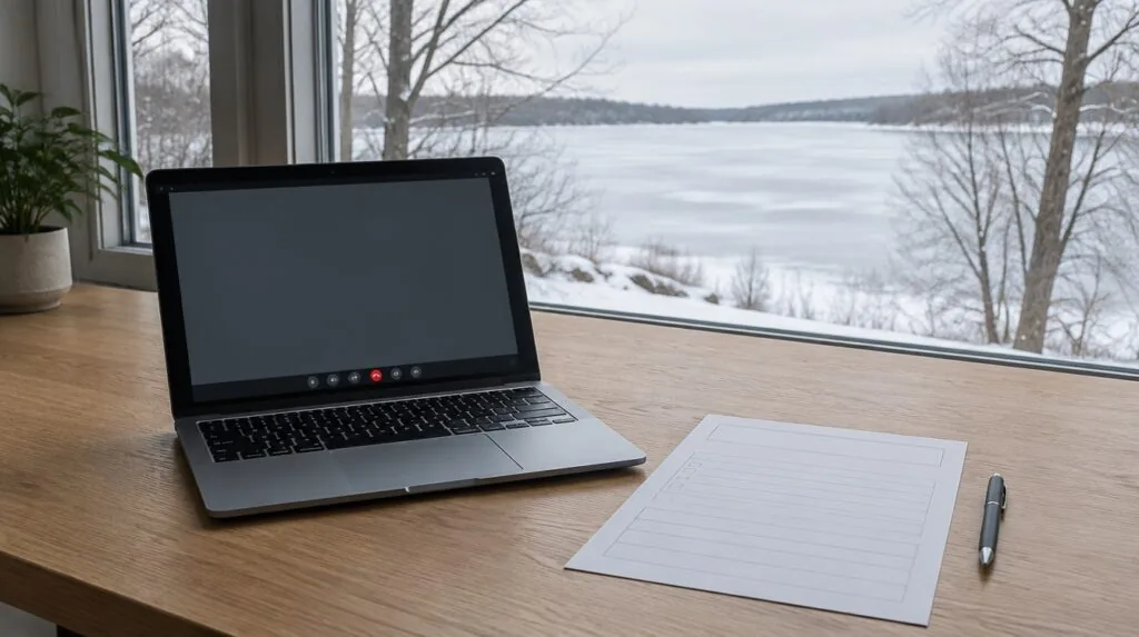 A laptop with an empty video-call window beside a blank intake form, a winter lake outside