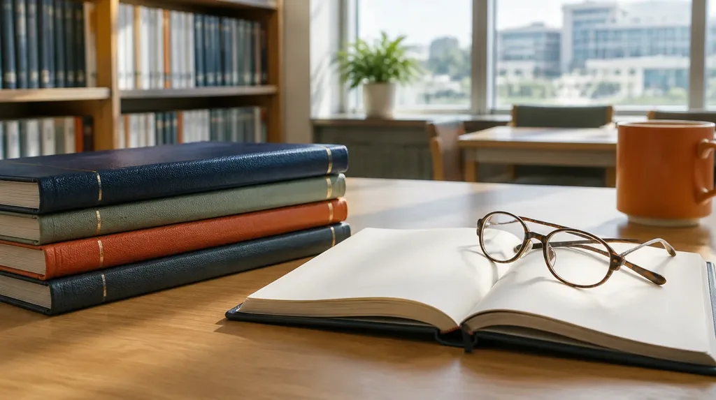 A quiet hospital research library table with stacked bound journals, an open notebook with blank pages and reading glasses under soft window light