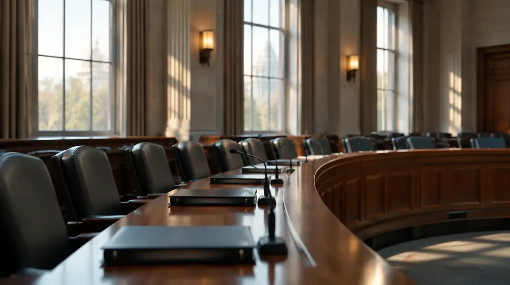 An empty federal hearing room after a meeting, curved wooden dais, unoccupied chairs, microphones and closed binders, late afternoon window light