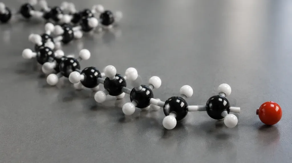 A long chain of glossy molecular-model beads draped across a matte gray lab bench, one bead at the end set slightly apart in a different color, soft directional light