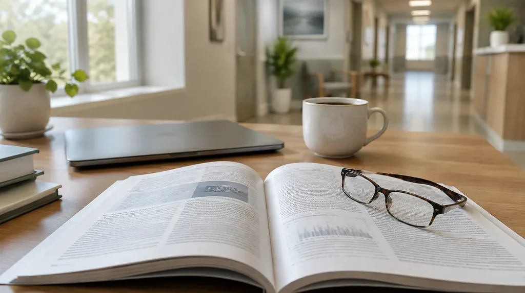 A physician's desk in soft morning light with an open printed journal article, reading glasses and a closed laptop, out-of-focus clinic hallway behind