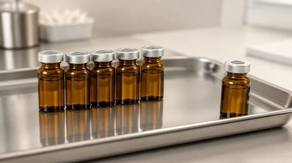 A row of amber multidose vials on a stainless steel tray under clean clinical light, one vial set slightly apart