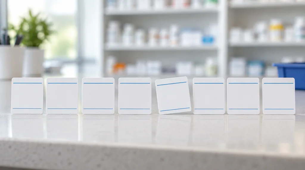 A row of identical white prescription labels on a pharmacy counter, one label slightly askew, soft daylight