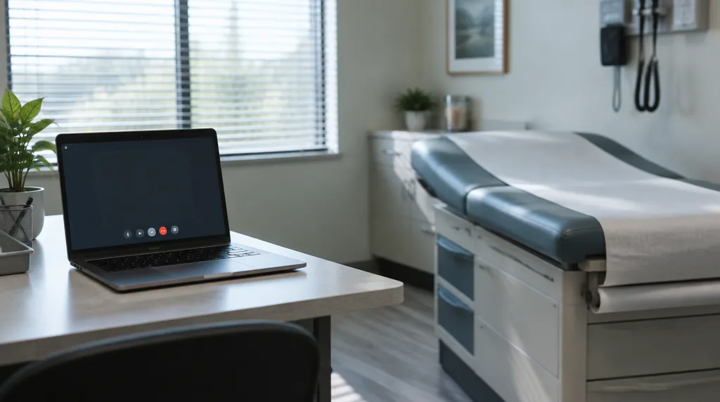 A laptop showing a blank video call window on a clinic desk beside an empty exam table, cool morning light, no text, no logos, no faces