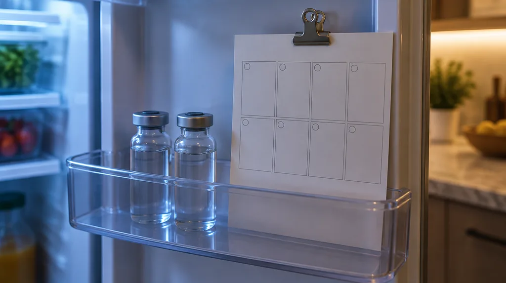 Two injection vials on a refrigerator shelf beside an eight-week calendar, representing a 56-day prescription cycle