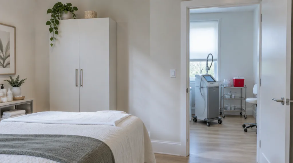 An esthetician's facial treatment room with a closed skincare cabinet on one side and