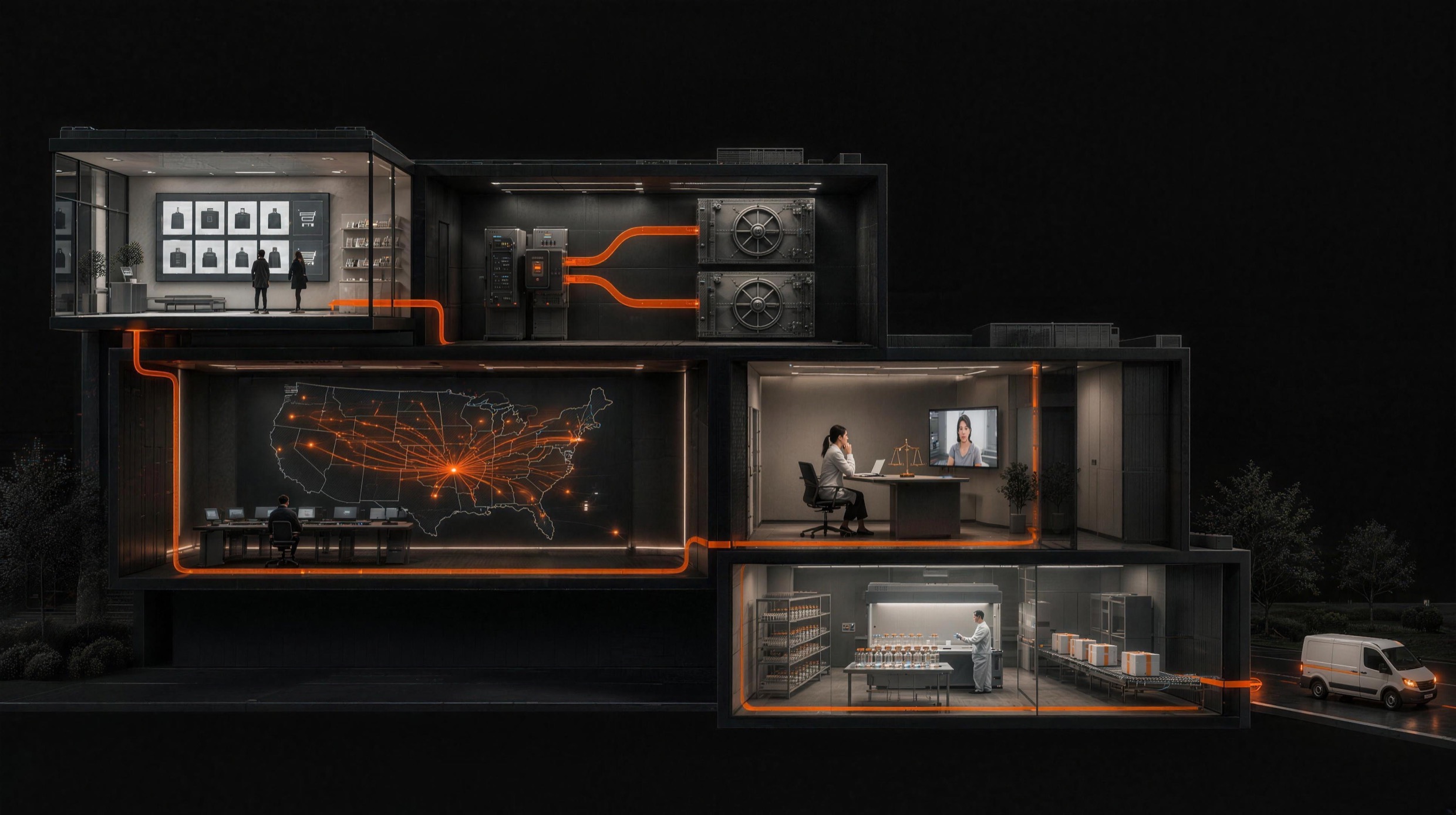 Cutaway view of a building with five connected rooms: a branded storefront, a payments room where two fees run to two separate vaults, a routing room with a map of the United States, a consultation room where a clinician meets a patient by video, and a compounding pharmacy where sealed orders leave by van.