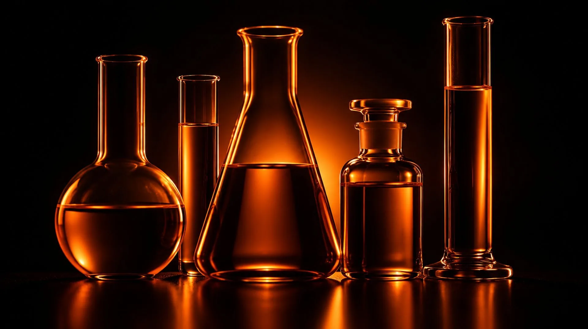 Laboratory flasks and bottles backlit in orange on a dark surface